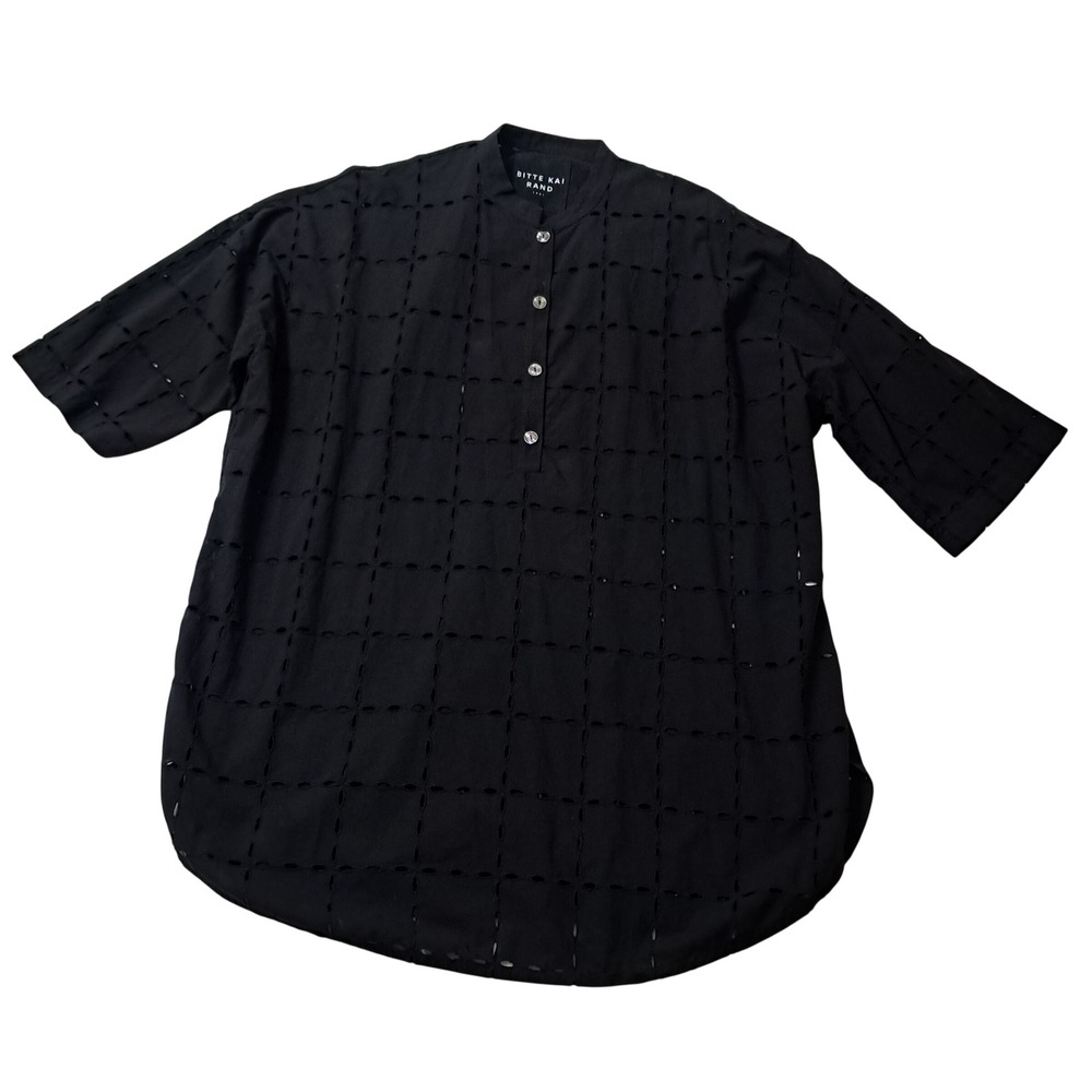 Bitte Kai Rand Tunic Top Womens 3 XL/XXL Black Organic Cotton Eyelet Lagenlook